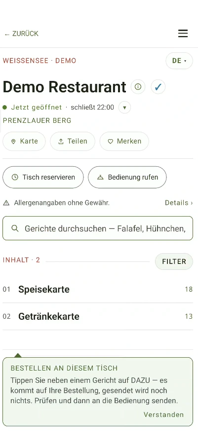 Das Demo Restaurant in der DishDraw-App